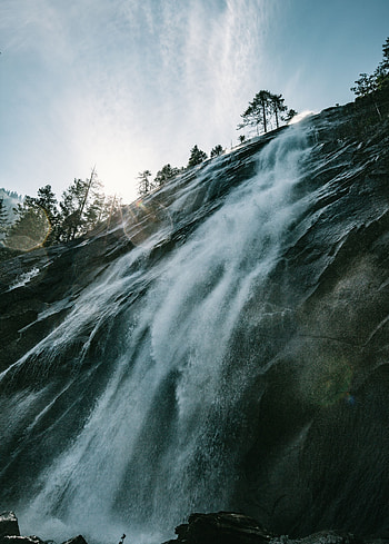 Nature, Trees, Glare, Waterfall, Break, Precipice, Sunlight HD phone wallpaper