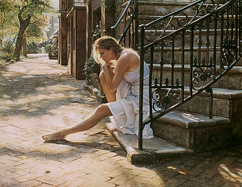 Spring Morning, lady, thinking, steps, beautiful, home HD wallpaper