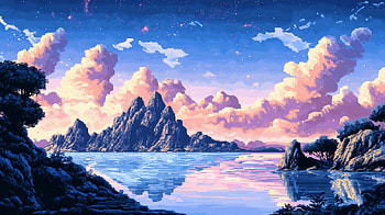 Serene Fantasy Lake: A Stunning, pixel art, fantasy, mountain, lake HD wallpaper