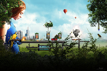 inner world, blue, girl, 3d, fantasy, abstract, green, trees, balloon, female HD wallpaper