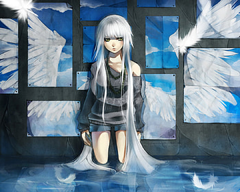 Painted Wings, wings, feathers, painted, angel, anime girl, abstract, white hair, sky, water HD wallpaper