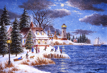 A Time To Celebrate, sea, artwork, lighthouse, painting, snow, trees, cottage, beach HD wallpaper