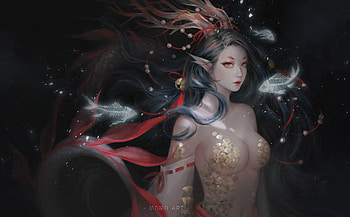 Suzuka Gozen, frumusete, oni, art, gorgeous, girl, onmyouji, dark, demon, summer, superb, fantasy, pesti, momo art, fish, luminos, vara HD wallpaper