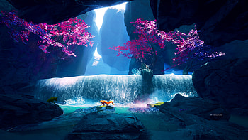 :), purple, pink, art, fantasy, vulpe, tyler smith, waterfall, fox, blue HD wallpaper