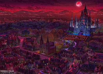 Blood moon, halloween, night, fantasy, moon, arseniy chebynkin, red, luna, castle, art HD wallpaper
