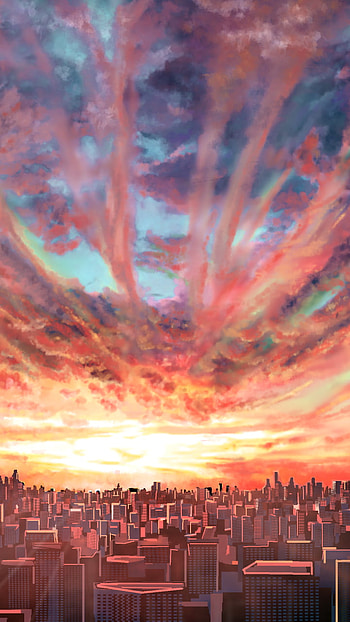 sky, cloud, cityscape, Anime, city, anime sunset, Sky Anime, anime city HD phone wallpaper