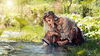 Blonde Girl Model Is Sitting On Grass Near Pond Wearing Colorful Dress Girls HD wallpaper