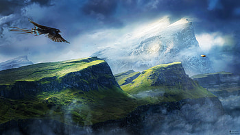 Snow, Fantasy, Landscape, Bird, Mountain, Parachute HD wallpaper