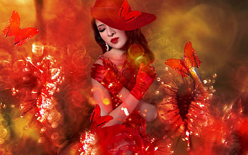 Girl In Red, bright, red, black, vivid, bold, girl, hat HD wallpaper