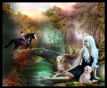 ✼.Two Dogs Lover.✼, horse, creek, plants, dogs, puppies, digital art, animals, trees, female, attractions in dreams, forests, people, love four seasons, fantasy, manipulation, face, bridge, models, girls, women, hair HD wallpaper
