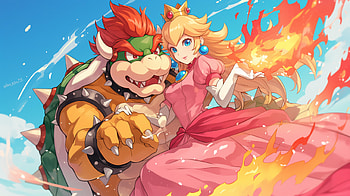 Bowser and Princess Peach, Bowser, Princess Peach, video game, fantasy, illustration HD wallpaper