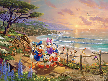 :), beach, vara, sea, art, disney, summer, thomas kinkade, painting, family, pictura, daisy, donald duck, water HD wallpaper
