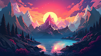 Mountain Sunset, landscape, Digital Art, colorful, sunset, tree HD wallpaper