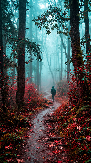 Misty Forest Trail | Foglit Path | Crimson Grove | Solitary Mist | Mistscape HD phone wallpaper