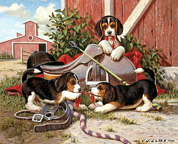 Playful Puppies, artwork, barn, painting, saddle, dogs HD wallpaper