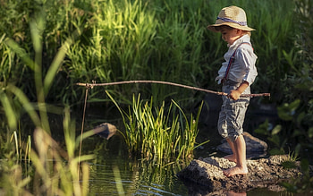 Boy Fishing, boy, rock, lake, fishing HD wallpaper