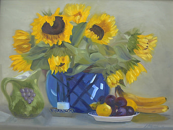 Sunny Morning, blue, lemons, morning, grapes, banana, vase, spring, plate, sunflowers, pitcher, green, fruit HD wallpaper