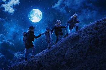The hike by night, night, blue, white, children, john wilhelm, hike, girl, copil, woman, creative, moon, mother, luna HD wallpaper