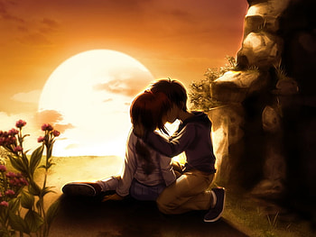 Sunset, abstract, boy, fantasy, , flowers, girl, sun HD wallpaper
