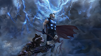 Mighty Thor Teams Up With Rocket And Baby Groot, thor, rocket-raccoon, baby-groot, superheroes, artwork, artist, digital-art, deviantart HD wallpaper