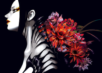 Bones, white, black, art, glitter, girl, beautiful, beauty, anime, cg, red, cool, flowers, women, female HD wallpaper