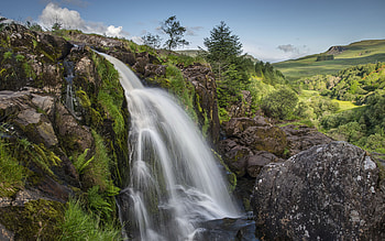 waterfall, mountains, mountain stream, forest, green trees, mountain hills, blue sky HD wallpaper