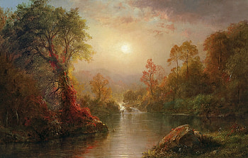 Sunrise, morning, art, tree, painting, pictura, luminos, water, frederic edwin church HD wallpaper