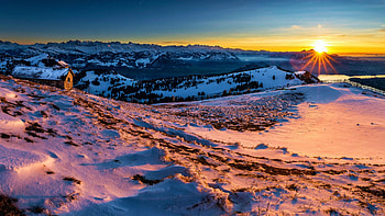 Winter Sunset in Switzerland, snow, trees, sky, alps, mountains, sun HD wallpaper