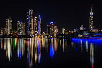 City, reflections, buildings, night HD wallpaper