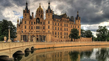 beautiful german castle, clouds, bridge, castle, lake, towers HD wallpaper