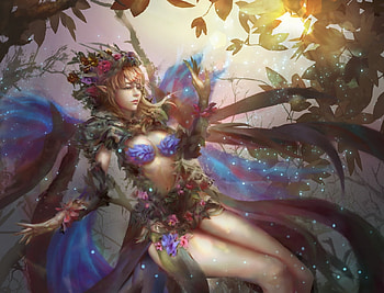 Fairy, blue, wings, liqudiv, girl, fantasy, flower, luminos, forest HD wallpaper