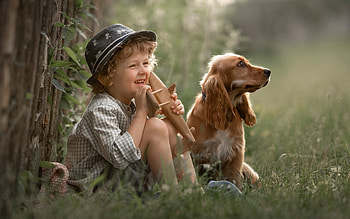 Boy with Dog, dog, boy, hat, smile HD wallpaper
