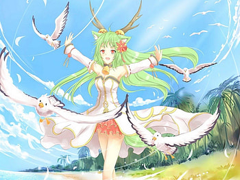 midori the one i luv, birds, blue sea, red eyes, girl, cute hottie midori, long hair, blue sky, pretty, green hair HD wallpaper