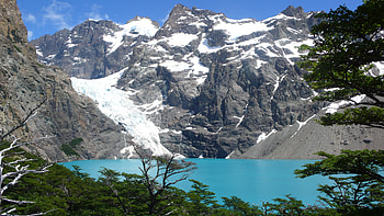 The Blue Lagoon, Patagonia, blue, high mountain, snow, tree HD wallpaper