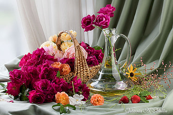 Flower arrangement, strawberries, floral, basket, rose, petals, glass, fruit, water, roses, vase, beautiful, arrangement, curtain, still life, pink, yellow, red, nature, flowers HD wallpaper