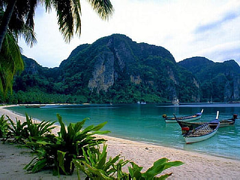 nice beach, boat, lake, beach, mountain HD wallpaper