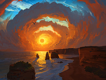 Art, Landscape, Nature, Sunset, Sky, Sea, Clouds, Rocks HD wallpaper