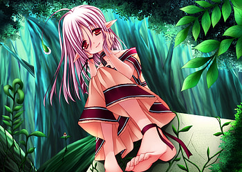 elf rayn, feet, cute, red eyes, elf, dress, forest HD wallpaper