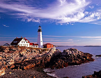 Portland Head Light, lighthouse, sky, rocks, lake HD wallpaper
