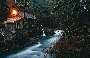 River, woods, mill, cabin, nature HD wallpaper