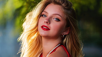 Blonde Blue Eyes Girl Model Is Standing In Blur Green Leaves Background Wearing Red Dress Girls HD wallpaper