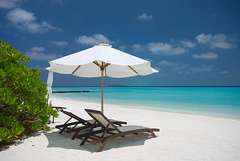 Chairs on a Deserted Sandy Beach, island, blue, sand, tropical, beach, chairs, holiday, islands, ocean, sea, white, loungers, escape, exotic, paradise, aqua, lagoon, perfection, heaven, dream HD wallpaper