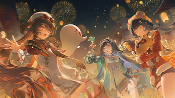 Genshin Impact : Xiangling, Hu Tao & Lan Yan Celebration, Genshin Impact, Xiangling (Genshin Impact), Hu Tao, girl HD wallpaper