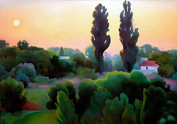 Valentine Olempiyuk-Vinnikov. Slobozhanskiy evening, painting, valentine olempiyuk vinnikov, art, house, sunset, tree HD wallpaper