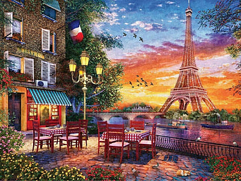 Paris Romance, tables, street, sky, houses, sunset, colors, artwork, restaurant, chairs, eiffel tower, painting HD wallpaper