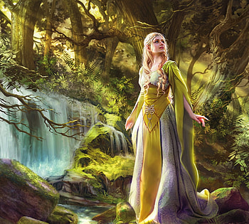 Wandering exile, drazenka kimpel, girl, summer, fantasy, yellow, green, waterfall, luminos, vara HD wallpaper