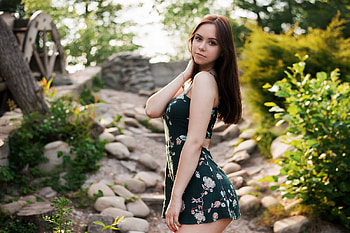 Brunette Posing Outdoors, outdoors, model, dress, brunette HD wallpaper
