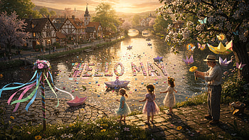 Hello May — Riverside Spring Bloom, River, Village, Child HD wallpaper