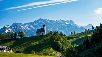 Chapel in the Austrian Alps, landscape, sky, nature, mountains, trees HD wallpaper