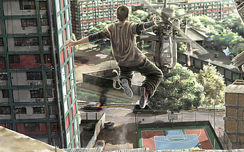 fugitive, trees, building, helicopter, jump HD wallpaper